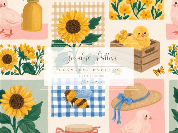 Download Sunflower Farmhouse Patchwork Seamless Pattern for Kids - House Collection